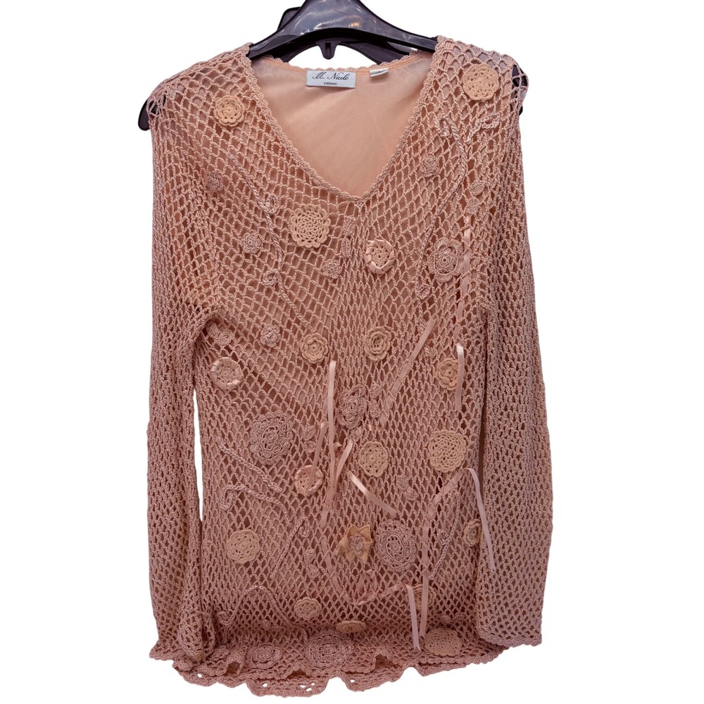 M. Nicole Evening Peach Crochet Floral Applique V-Neck Lined Blouse Top Large